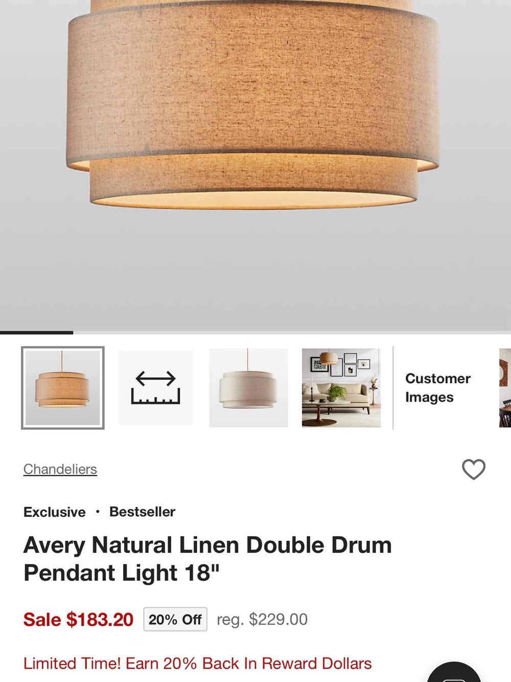 Crate & Barrel Avery Natural Linen Double Drum Pendant Light, Beige